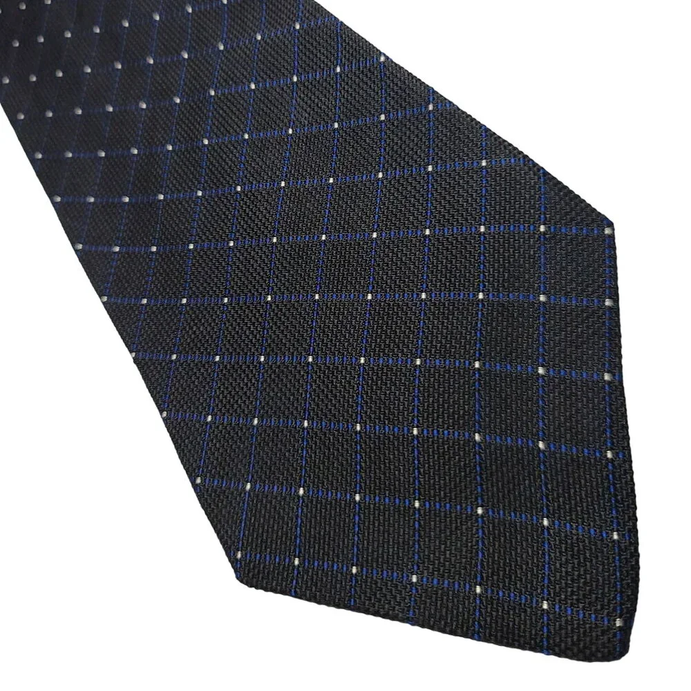 Tommy Hilfiger black blue white grid plaid silk tie - 56.5